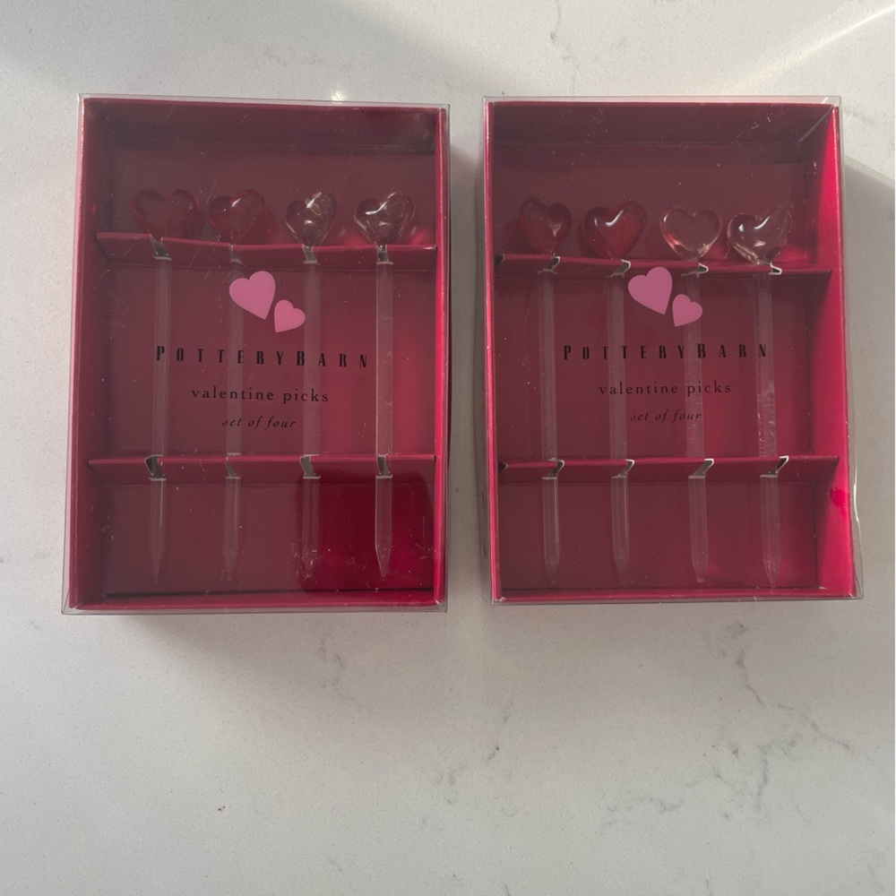 Pottery Barn glass Valentine Picks two sets of 4